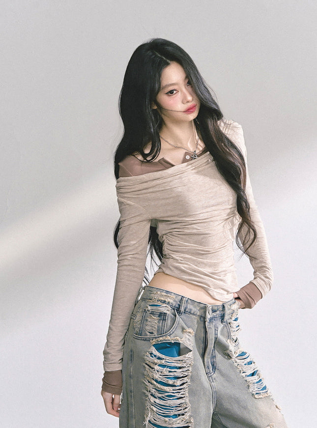 Off-Shoulder Slim Fit Top - Kahki