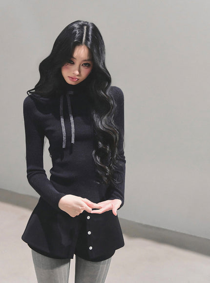 Ribbon Tie Turtleneck Knit - Black