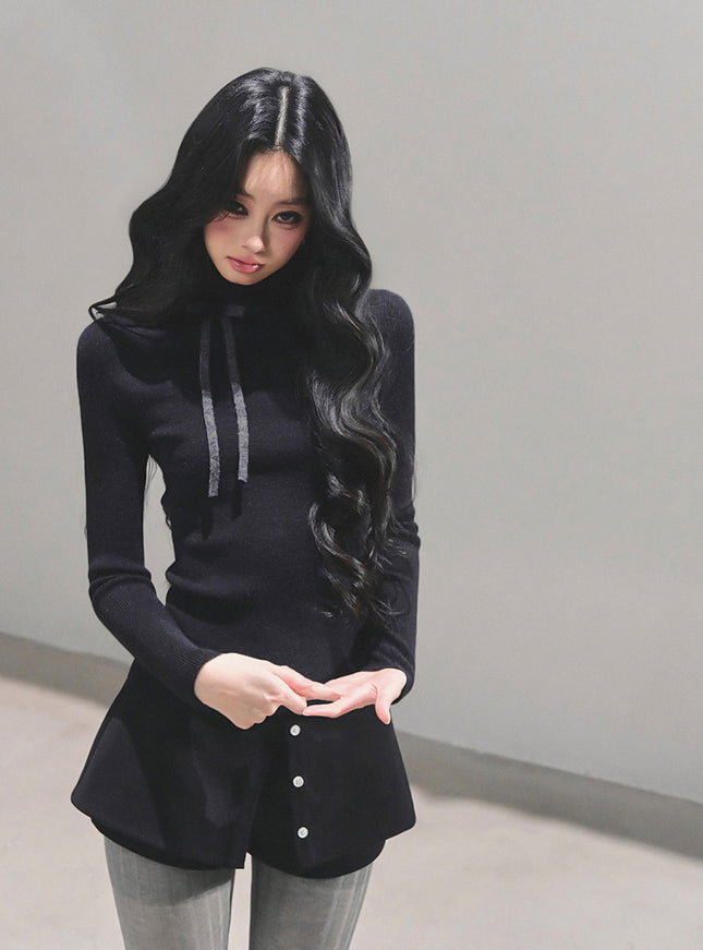 Ribbon Tie Turtleneck Knit - Black