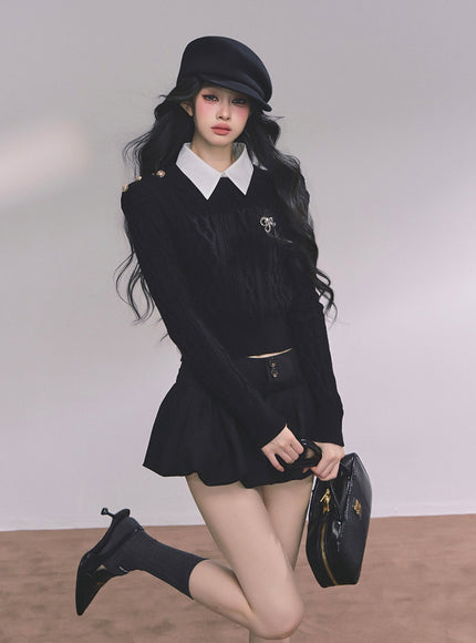 Preppy Layered Crop Knit - Black