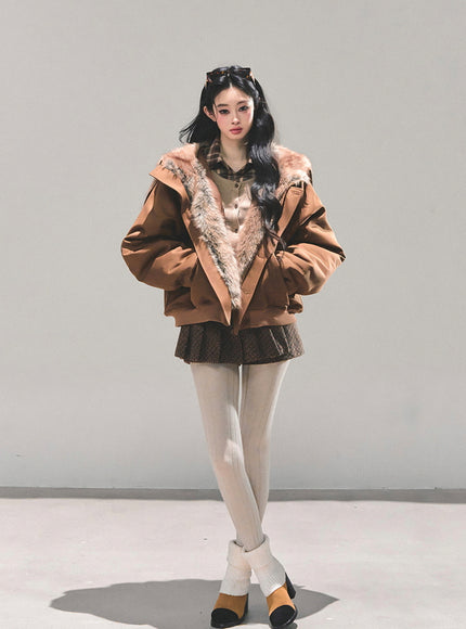 Faux Fur Trim Volume Jacket - Brown