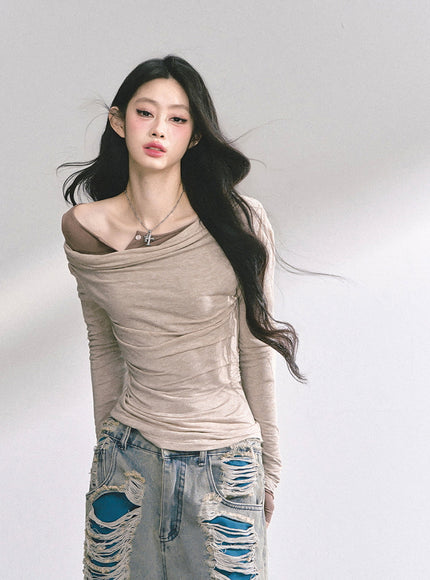 Off-Shoulder Slim Fit Top - Kahki