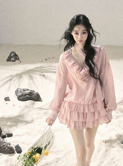 Feathered Silence Mini Dress Set - Pink