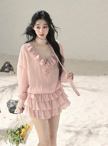Feathered Silence Mini Dress Set - Pink