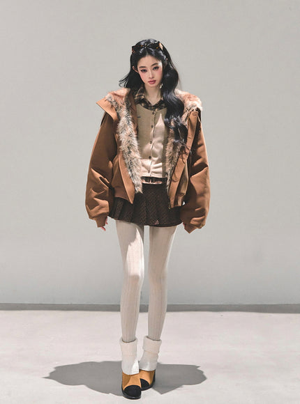 Faux Fur Trim Volume Jacket - Brown