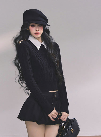 Preppy Layered Crop Knit - Black