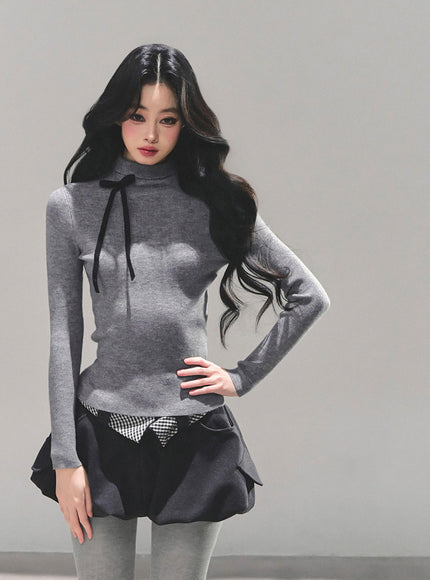 Ribbon Tie Turtleneck Knit - Gray