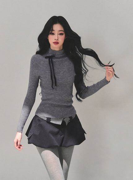 Ribbon Tie Turtleneck Knit - Gray