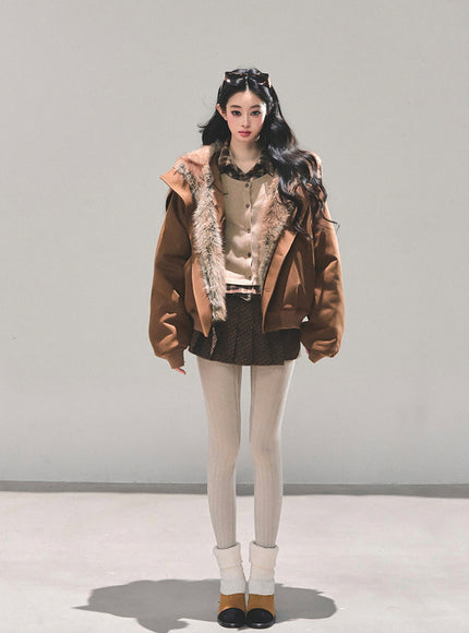 Faux Fur Trim Volume Jacket - Brown