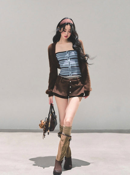 Layered Skort Shorts - Brown