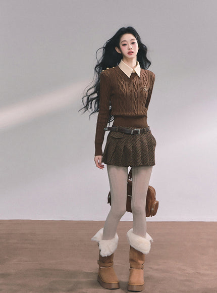 Preppy Layered Crop Knit -Brown