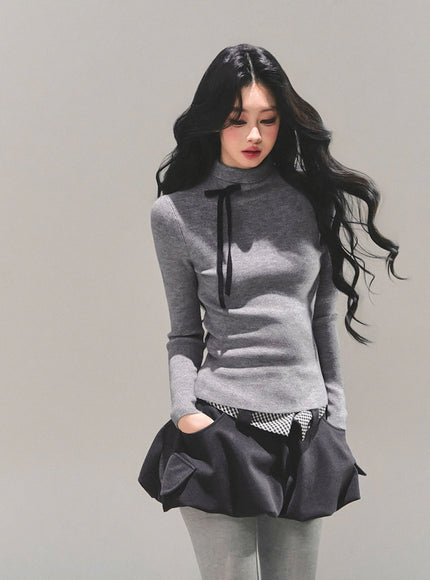 Ribbon Tie Turtleneck Knit - Gray