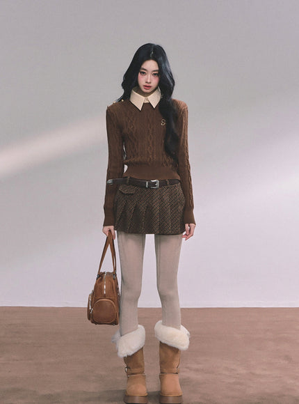 Preppy Layered Crop Knit -Brown