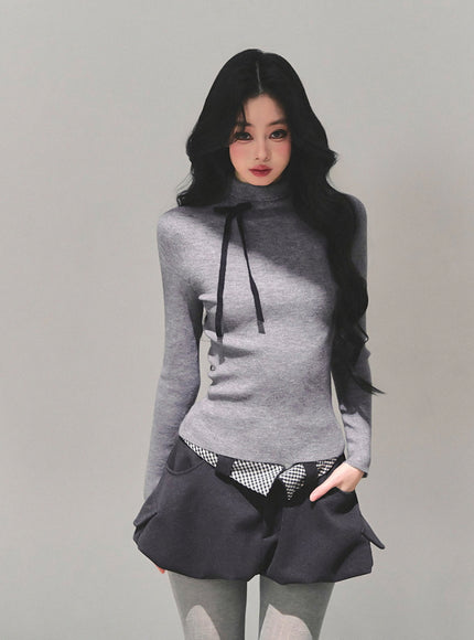 Ribbon Tie Turtleneck Knit - Gray