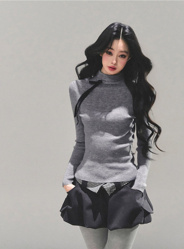 Ribbon Tie Turtleneck Knit - Gray