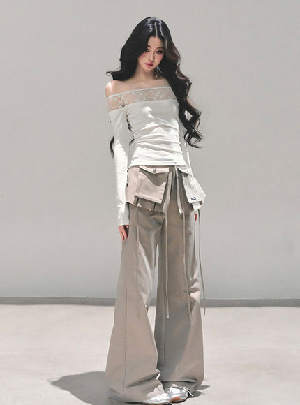 Utility Strap Wide-Leg Pants - Beige