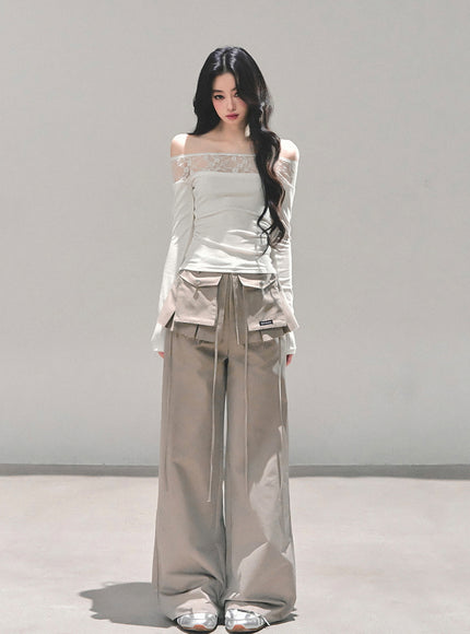 Utility Strap Wide-Leg Pants - Beige