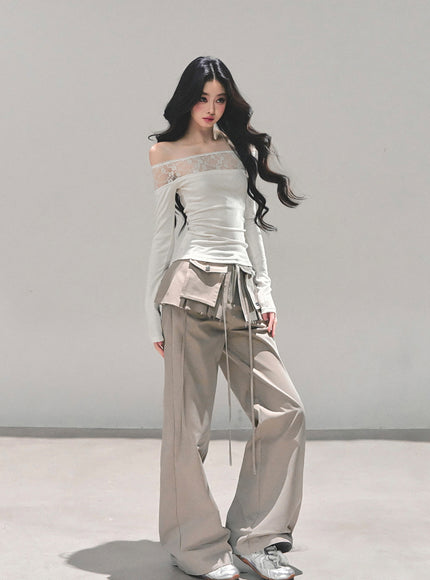 Utility Strap Wide-Leg Pants - Beige