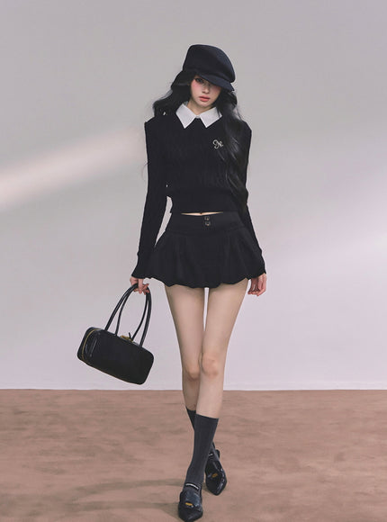 Preppy Layered Crop Knit - Black