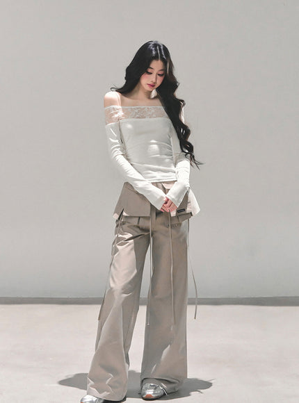 Utility Strap Wide-Leg Pants - Beige