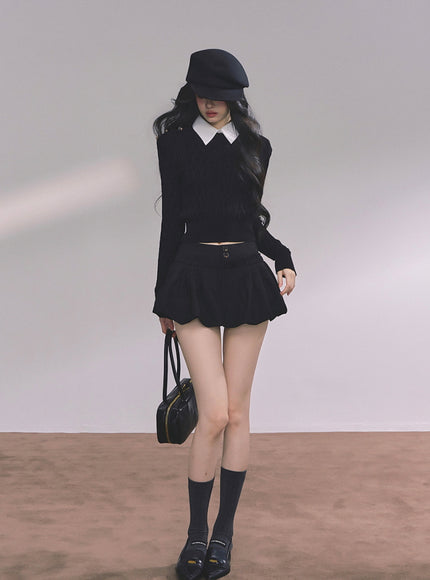 Preppy Layered Crop Knit - Black