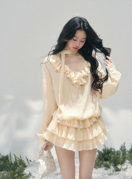 Feathered Silence Mini Dress Set - Yellow