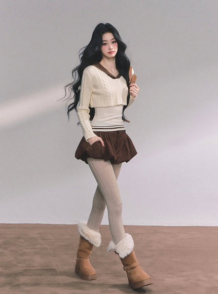 Bubble Hem Mini Skort - Brown