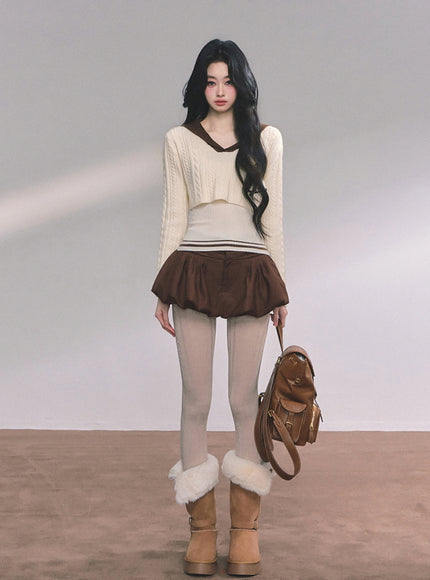 Bubble Hem Mini Skort - Brown