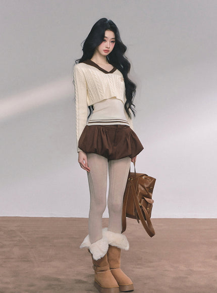 Bubble Hem Mini Skort - Brown