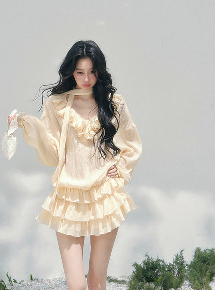 Feathered Silence Mini Dress Set - Yellow