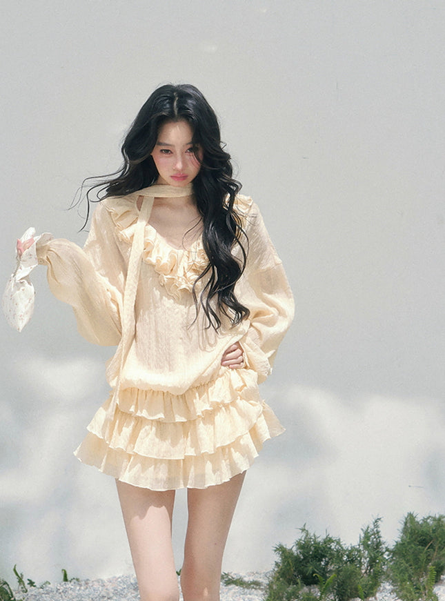 Feathered Silence Mini Dress Set - Yellow