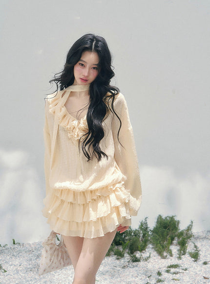 Feathered Silence Mini Dress Set - Yellow