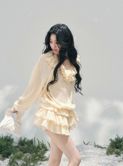 Feathered Silence Mini Dress Set - Yellow