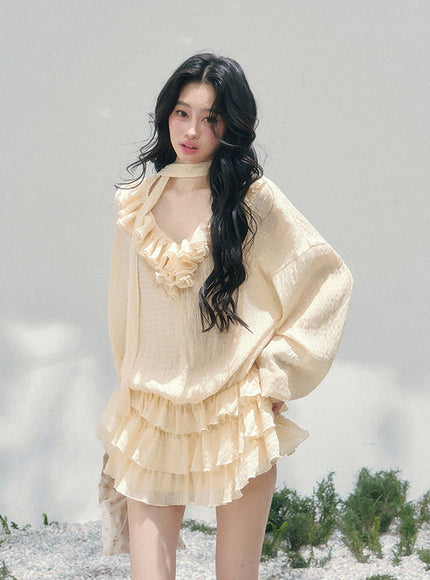 Feathered Silence Mini Dress Set - Yellow