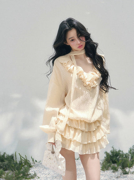 Feathered Silence Mini Dress Set - Yellow