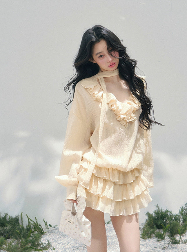 Feathered Silence Mini Dress Set - Yellow