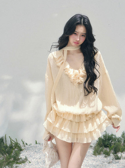 Feathered Silence Mini Dress Set - Yellow