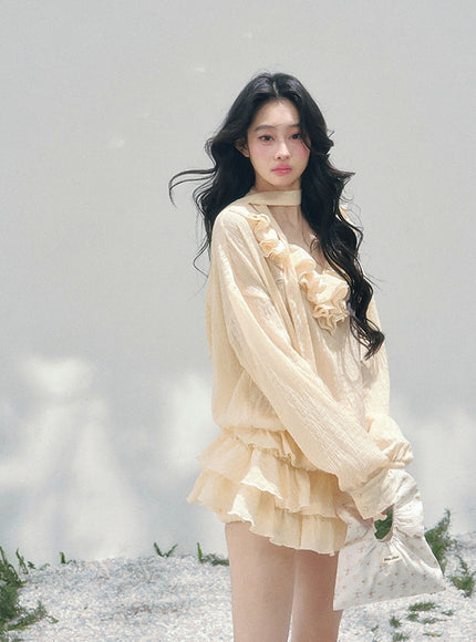 Feathered Silence Mini Dress Set - Yellow