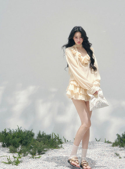 Feathered Silence Mini Dress Set - Yellow