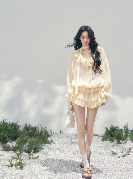 Feathered Silence Mini Dress Set - Yellow