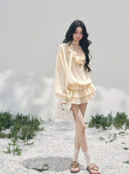 Feathered Silence Mini Dress Set - Yellow