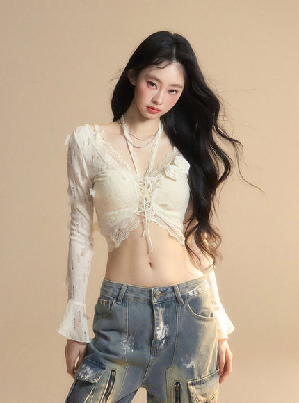 Romantic Lace-Up Sheer Top - Apricot