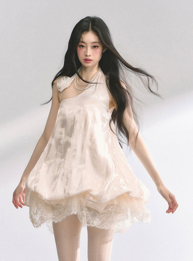 Ivory Lace Trim Halter Babydoll Dress