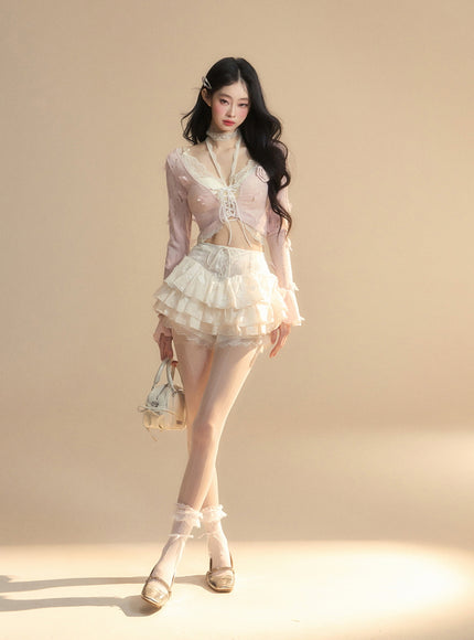 Romantic Lace-Up Sheer Top - Pink