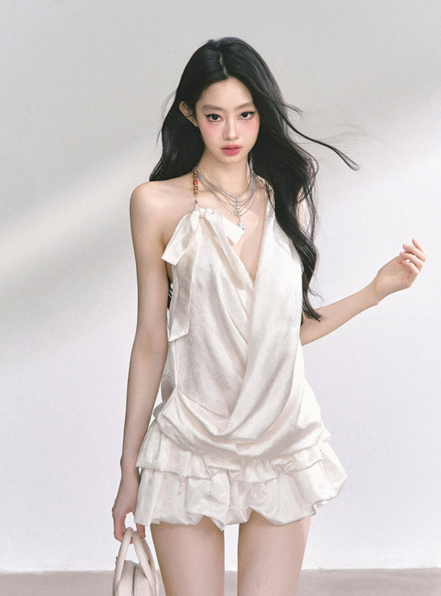 Ivory Satin Halter Ruffle Romper Dress