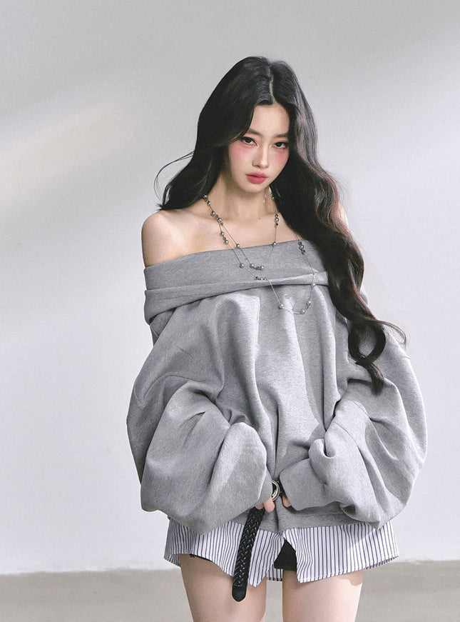 Off-Shoulder Gray Belt Sweatshirt
