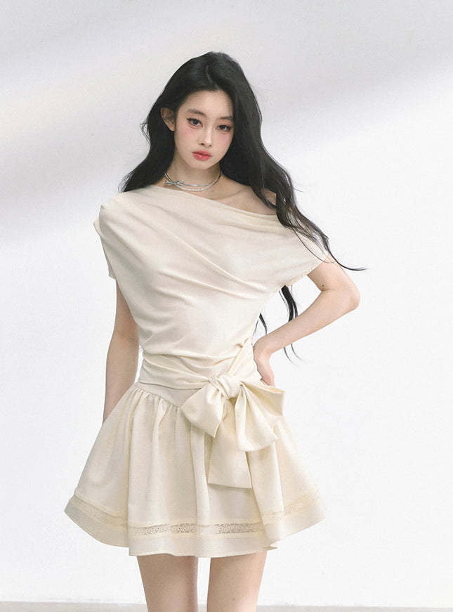 Graceful Ribbon Waist Dress - Apricot