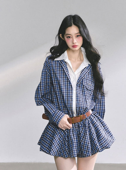 Urban Contrast Mini Dress Shawl Set - Blue