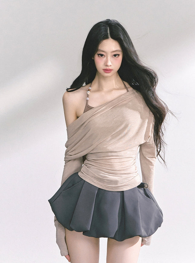 Minimal Drape Long Sleeve Top - Kahki