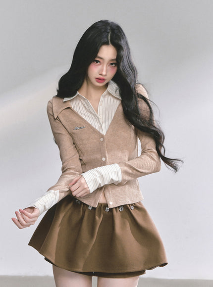 Attached Shirt Cardigan - Brown